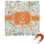 Orange & Blue Leafy Swirls Square Car Magnet - 6" (Personalized)