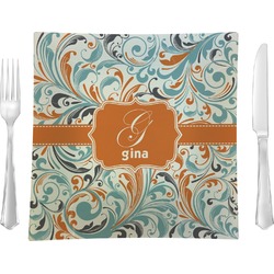 Orange & Blue Leafy Swirls Glass Square Lunch / Dinner Plate 9.5" (Personalized)