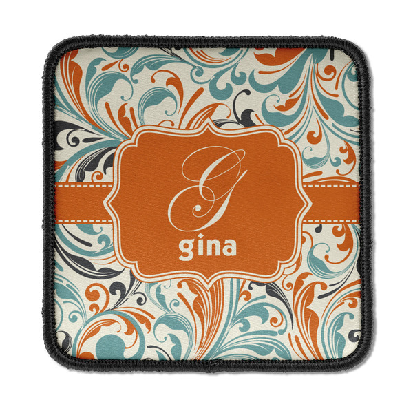 Custom Orange & Blue Leafy Swirls Iron On Square Patch w/ Name and Initial