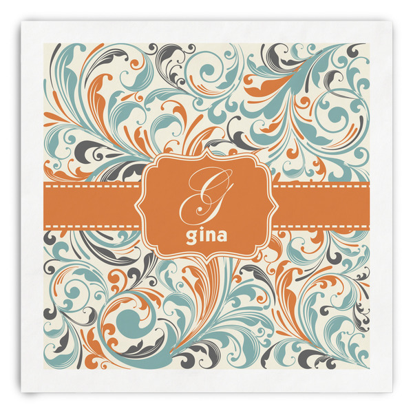 Custom Orange & Blue Leafy Swirls Paper Dinner Napkins (Personalized)