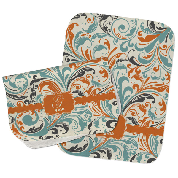 Custom Orange & Blue Leafy Swirls Burp Cloths - Fleece - Set of 2 w/ Name and Initial