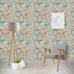 Orange & Blue Leafy Swirls Wallpaper & Surface Covering (Water Activated - Removable)