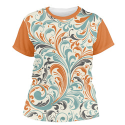 Orange & Blue Leafy Swirls Women's Crew T-Shirt - X Large