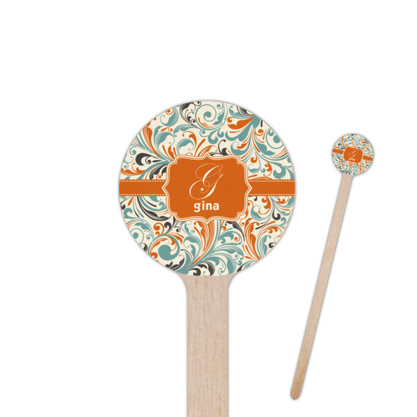 Custom Orange & Blue Leafy Swirls 7.5" Round Wooden Stir Sticks - Double Sided (Personalized)