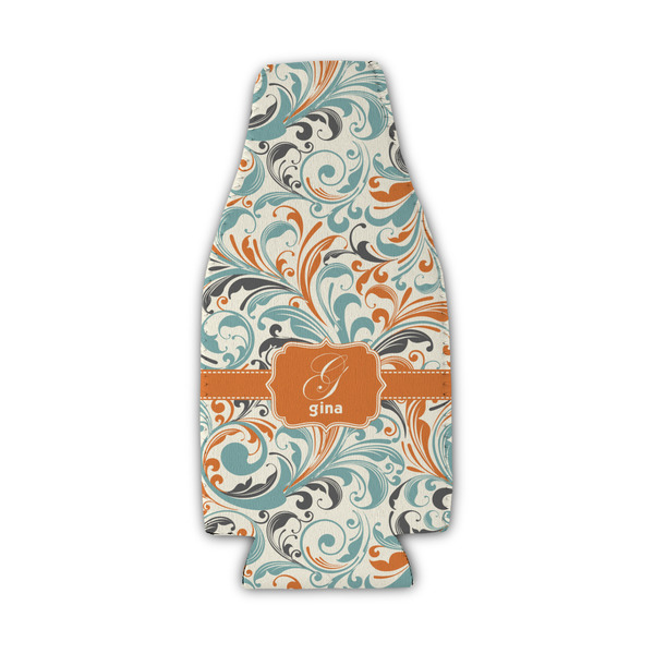 Custom Orange & Blue Leafy Swirls Zipper Bottle Cooler (Personalized)