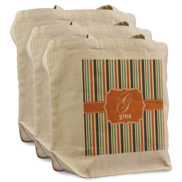 Custom Orange & Blue Stripes Reusable Cotton Grocery Bags - Set of 3 (Personalized)