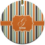 Orange & Blue Stripes Round Ceramic Ornament w/ Name and Initial