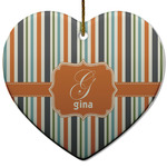 Orange & Blue Stripes Heart Ceramic Ornament w/ Name and Initial