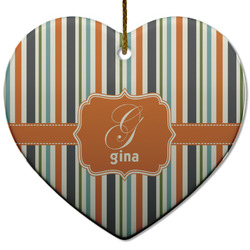 Orange & Blue Stripes Heart Ceramic Ornament w/ Name and Initial