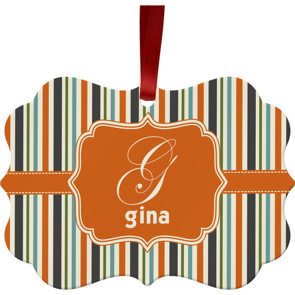 Custom Orange & Blue Stripes Metal Frame Ornament - Double Sided w/ Name and Initial