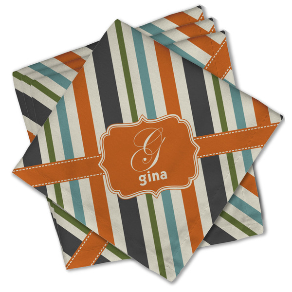 Custom Orange & Blue Stripes Cloth Cocktail Napkins - Set of 4 w/ Name and Initial