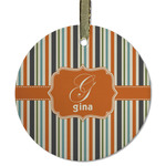 Orange & Blue Stripes Flat Glass Ornament - Round w/ Name and Initial