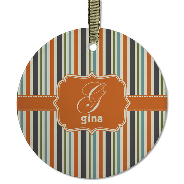 Custom Orange & Blue Stripes Flat Glass Ornament - Round w/ Name and Initial