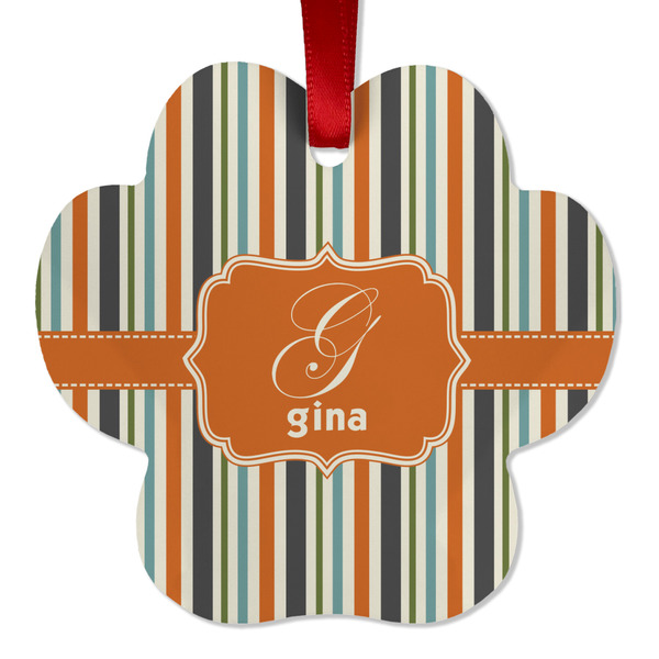 Custom Orange & Blue Stripes Metal Paw Ornament - Double Sided w/ Name and Initial