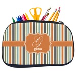 Orange & Blue Stripes Neoprene Pencil Case - Medium w/ Name and Initial