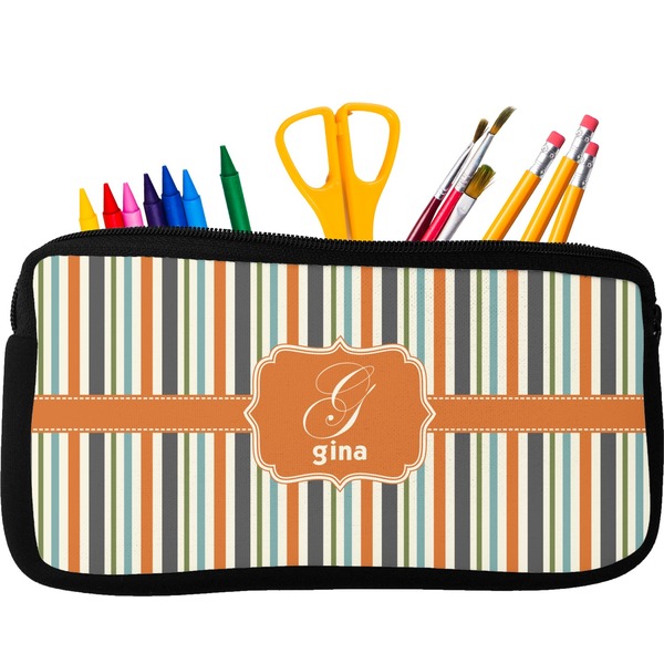 Custom Orange & Blue Stripes Neoprene Pencil Case - Small w/ Name and Initial