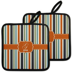 Orange & Blue Stripes Pot Holders - Set of 2 w/ Name and Initial