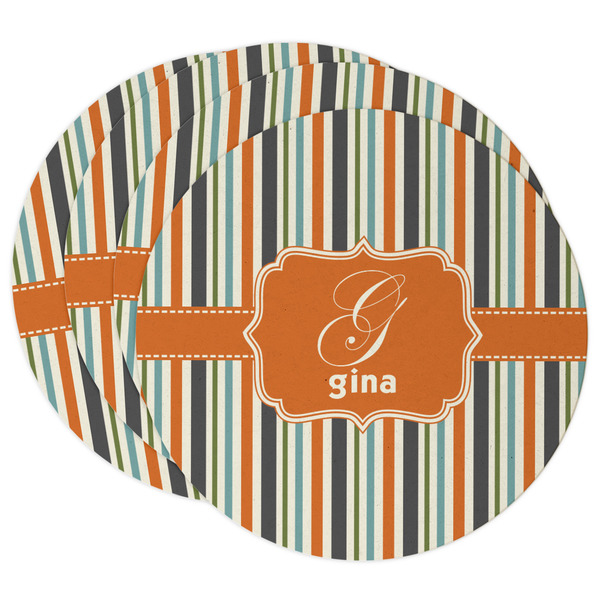 Custom Orange & Blue Stripes Round Paper Coasters w/ Name and Initial