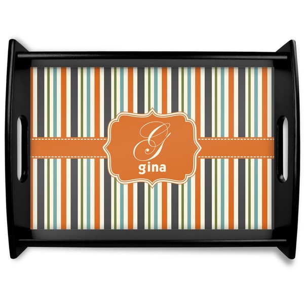 Custom Orange & Blue Stripes Black Wooden Tray - Large (Personalized)