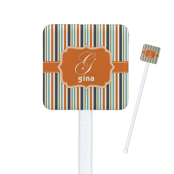 Custom Orange & Blue Stripes Square Plastic Stir Sticks - Single Sided (Personalized)