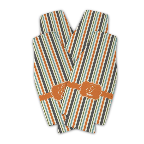 Custom Orange & Blue Stripes Zipper Bottle Cooler - Set of 4 (Personalized)