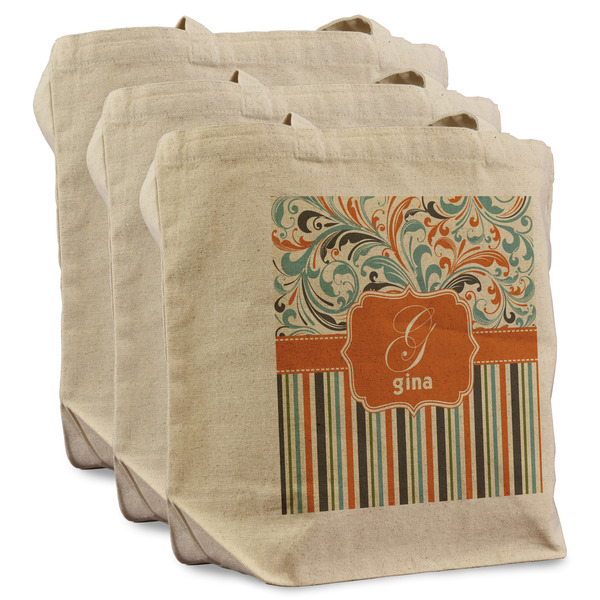 Custom Orange Blue Swirls & Stripes Reusable Cotton Grocery Bags - Set of 3 (Personalized)