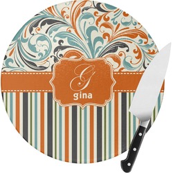 Orange Blue Swirls & Stripes Round Glass Cutting Board - Small (Personalized)