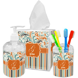 Orange Blue Swirls & Stripes Acrylic Bathroom Accessories Set w/ Name and Initial