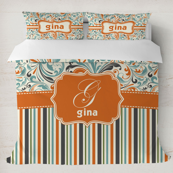 Custom Orange Blue Swirls & Stripes Duvet Cover Set - King (Personalized)