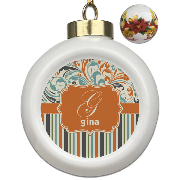 Custom Orange Blue Swirls & Stripes Ceramic Ball Ornaments - Poinsettia Garland (Personalized)