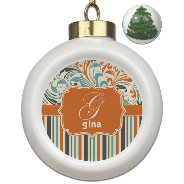 Custom Orange Blue Swirls & Stripes Ceramic Ball Ornament - Christmas Tree (Personalized)