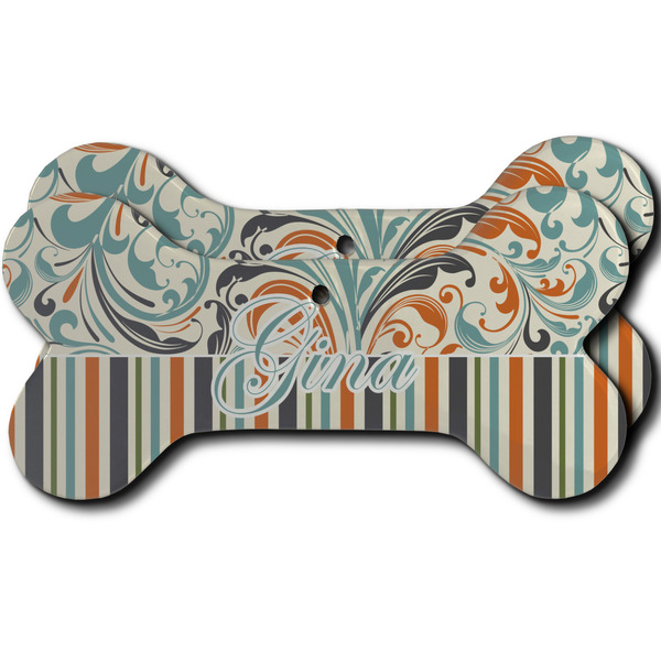 Custom Orange Blue Swirls & Stripes Ceramic Dog Ornament - Front & Back w/ Name and Initial