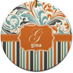 Orange Blue Swirls & Stripes Round Ceramic Ornament w/ Name and Initial