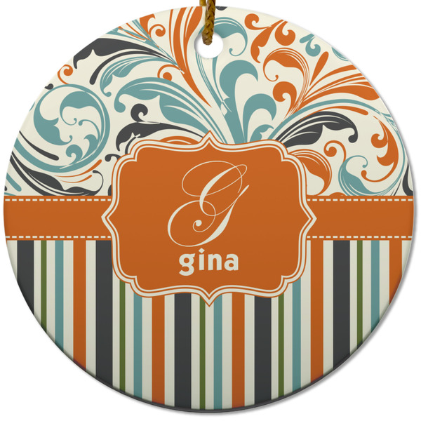 Custom Orange Blue Swirls & Stripes Round Ceramic Ornament w/ Name and Initial