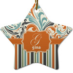 Orange Blue Swirls & Stripes Star Ceramic Ornament w/ Name and Initial