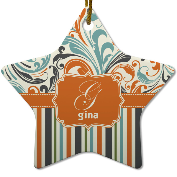 Custom Orange Blue Swirls & Stripes Star Ceramic Ornament w/ Name and Initial