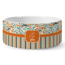 Orange Blue Swirls & Stripes Ceramic Dog Bowl - Large (Personalized)