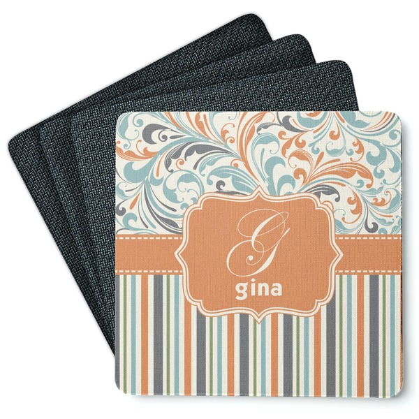 Custom Orange Blue Swirls & Stripes Square Rubber Backed Coasters - Set of 4 (Personalized)