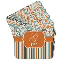 Orange Blue Swirls & Stripes Cork Coaster - Set of 4 w/ Name and Initial