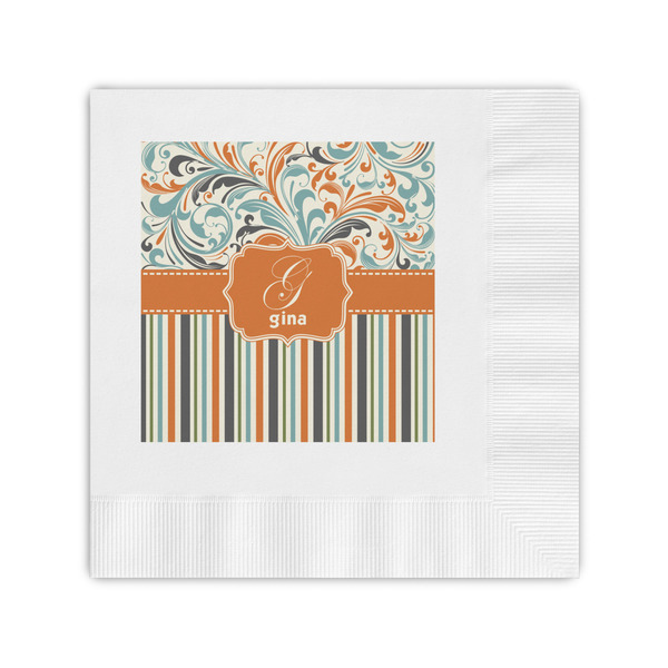 Custom Orange Blue Swirls & Stripes Coined Cocktail Napkins (Personalized)