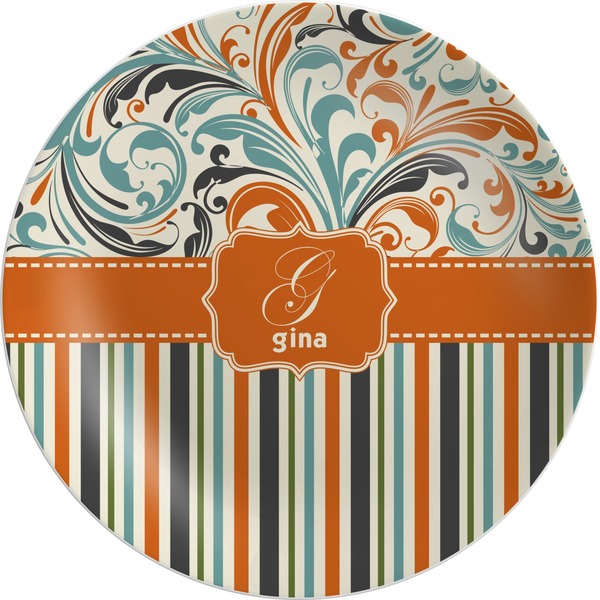 Custom Orange Blue Swirls & Stripes Melamine Plate (Personalized)