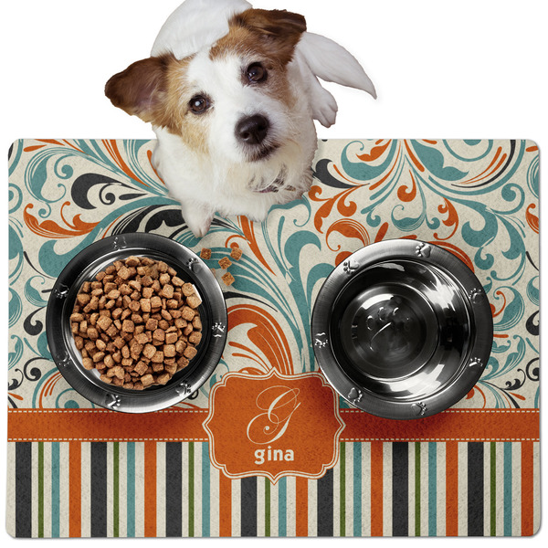 Custom Orange Blue Swirls & Stripes Dog Food Mat - Medium w/ Name and Initial