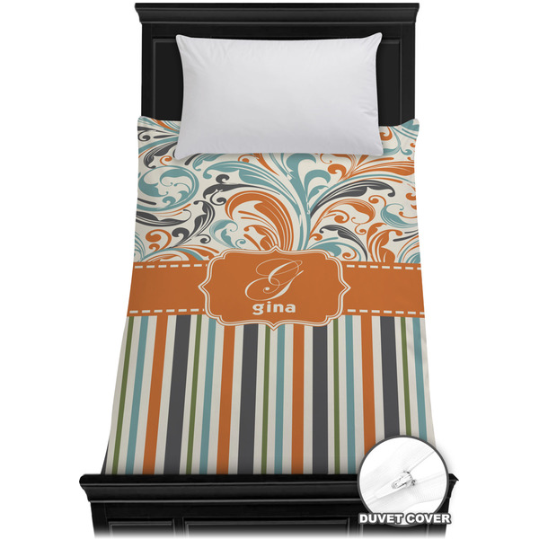 Custom Orange Blue Swirls & Stripes Duvet Cover - Twin XL (Personalized)