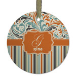 Orange Blue Swirls & Stripes Flat Glass Ornament - Round w/ Name and Initial