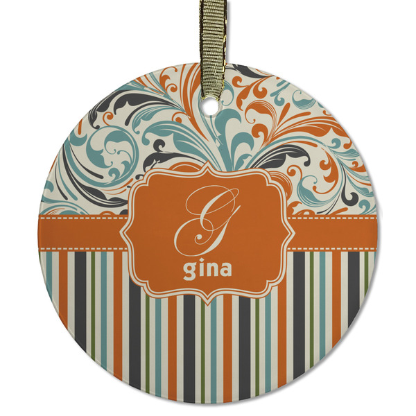 Custom Orange Blue Swirls & Stripes Flat Glass Ornament - Round w/ Name and Initial