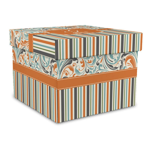 Custom Orange Blue Swirls & Stripes Gift Box with Lid - Canvas Wrapped - Large (Personalized)