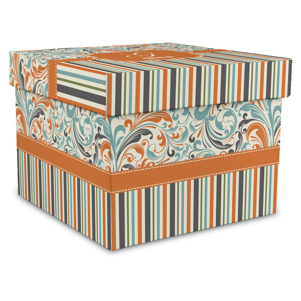 Custom Orange Blue Swirls & Stripes Gift Box with Lid - Canvas Wrapped - X-Large (Personalized)