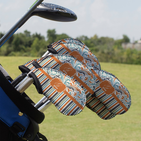 Custom Orange Blue Swirls & Stripes Golf Club Iron Cover - Set of 9 (Personalized)