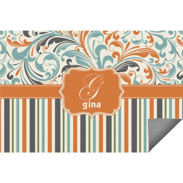 Custom Orange Blue Swirls & Stripes Indoor / Outdoor Rug - 6'x8' w/ Name and Initial