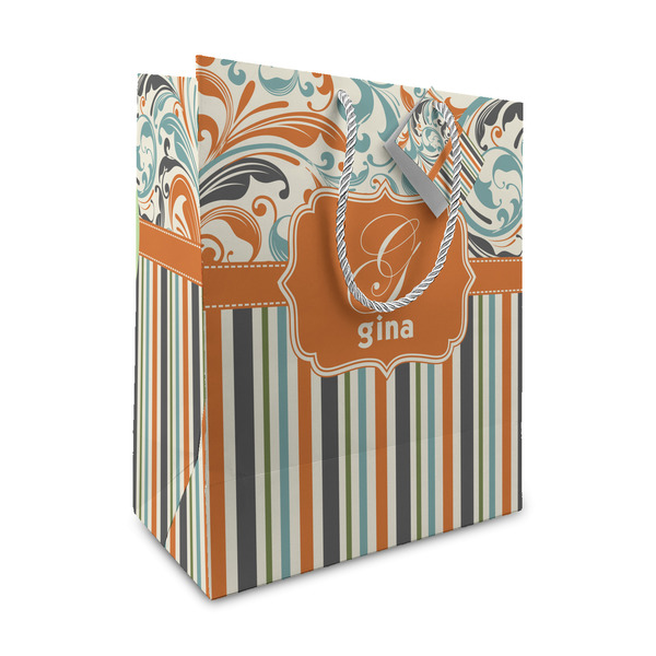 Custom Orange Blue Swirls & Stripes Medium Gift Bag (Personalized)